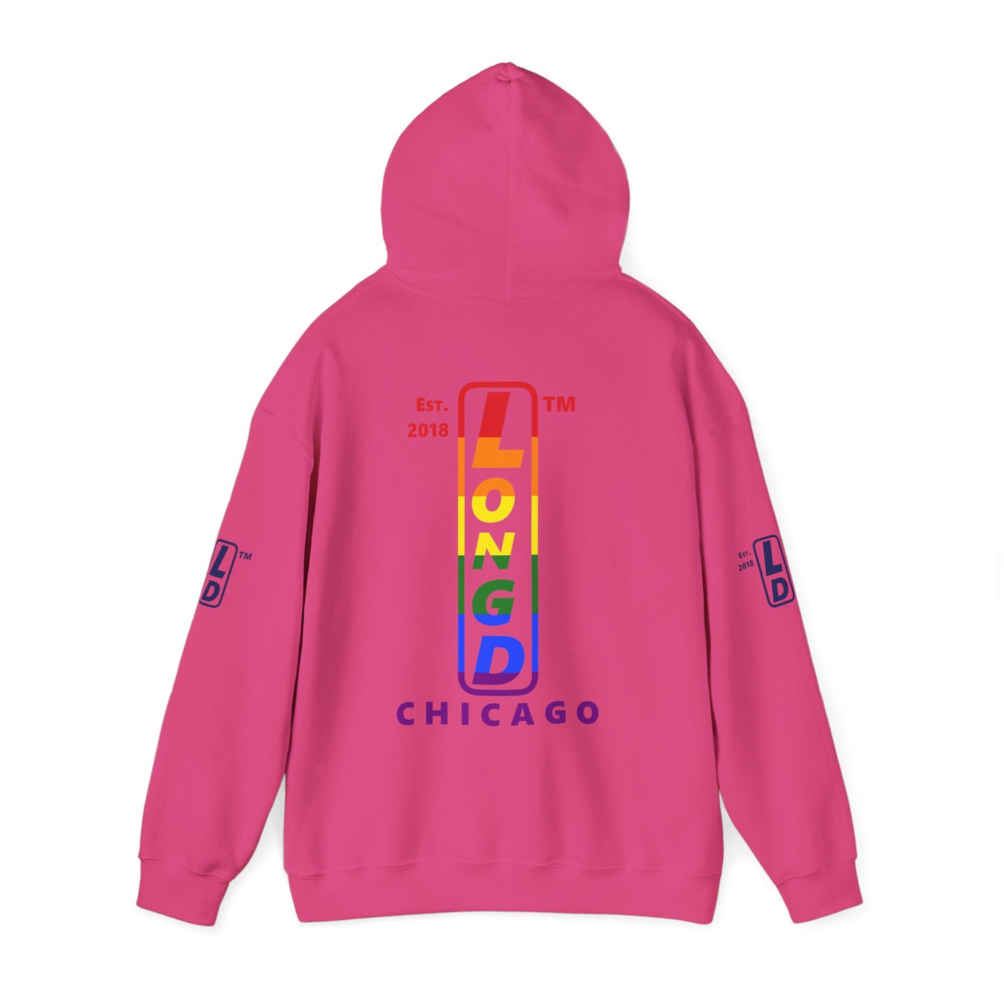 LongD® positive horizontal 6-striped Chicago 4-print upright logo hoodie (Pride colors)