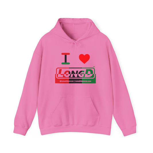 I Luv LongD® Logo Hoodie with Juneteenth positive top negative bottom text