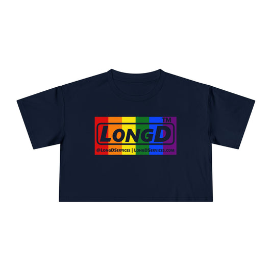 LongD negative vertical 6-striped tag-domain logo crop tee (Pride colors)