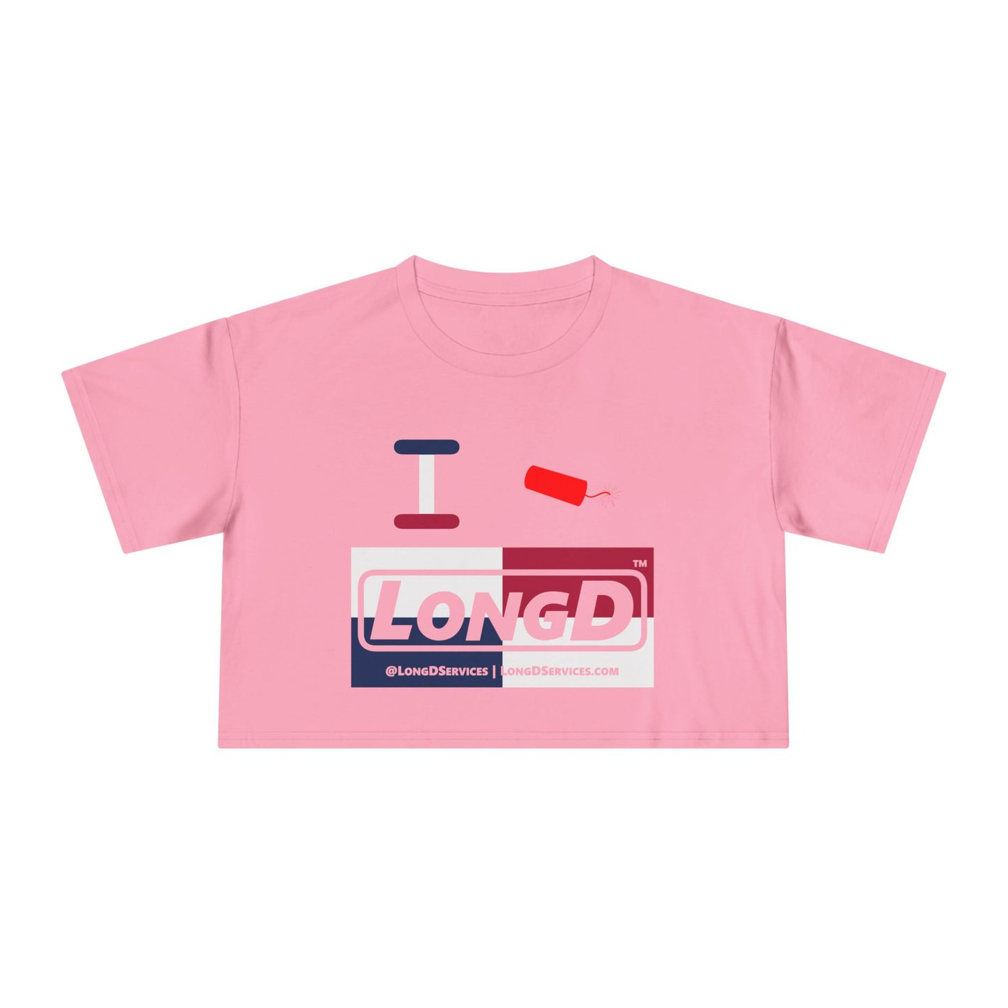 I Firecracker LongD Logo Women's Crop Tee Red, White & Blue negative quarters