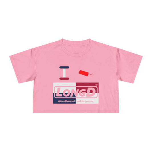 I Firecracker LongD Logo Women's Crop Tee Red, White & Blue negative quarters