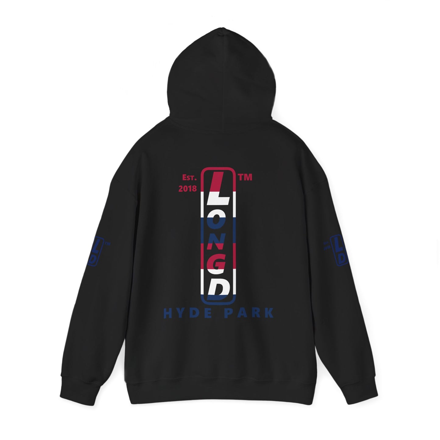 LongD® positive horizontal 6-striped Hyde Park 4-print upright logo hoodie (patriotic colors)