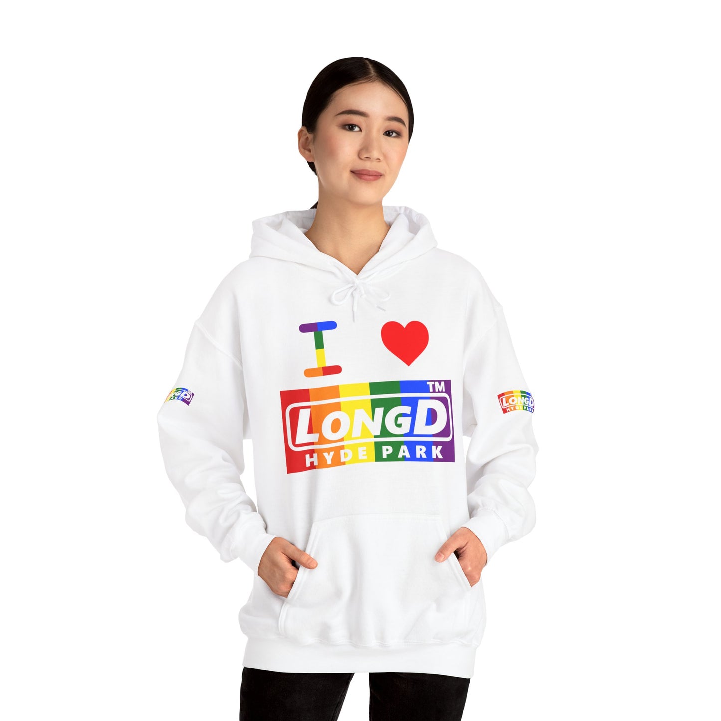 I Luv LongD® negative vertical striped 4-print Hyde Park logo hoodie (Pride colors)