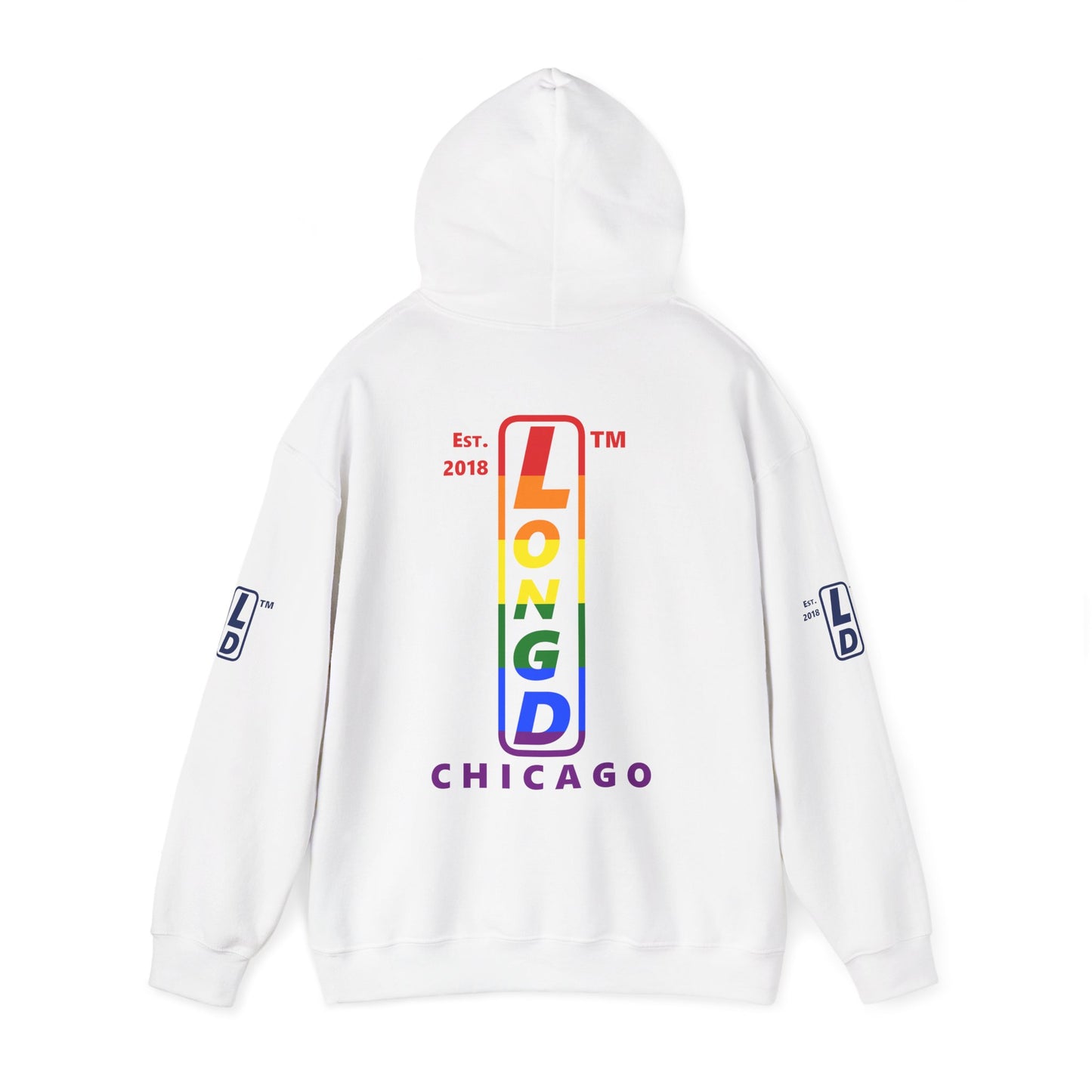 LongD® positive horizontal 6-striped Chicago 4-print upright logo hoodie (Pride colors)