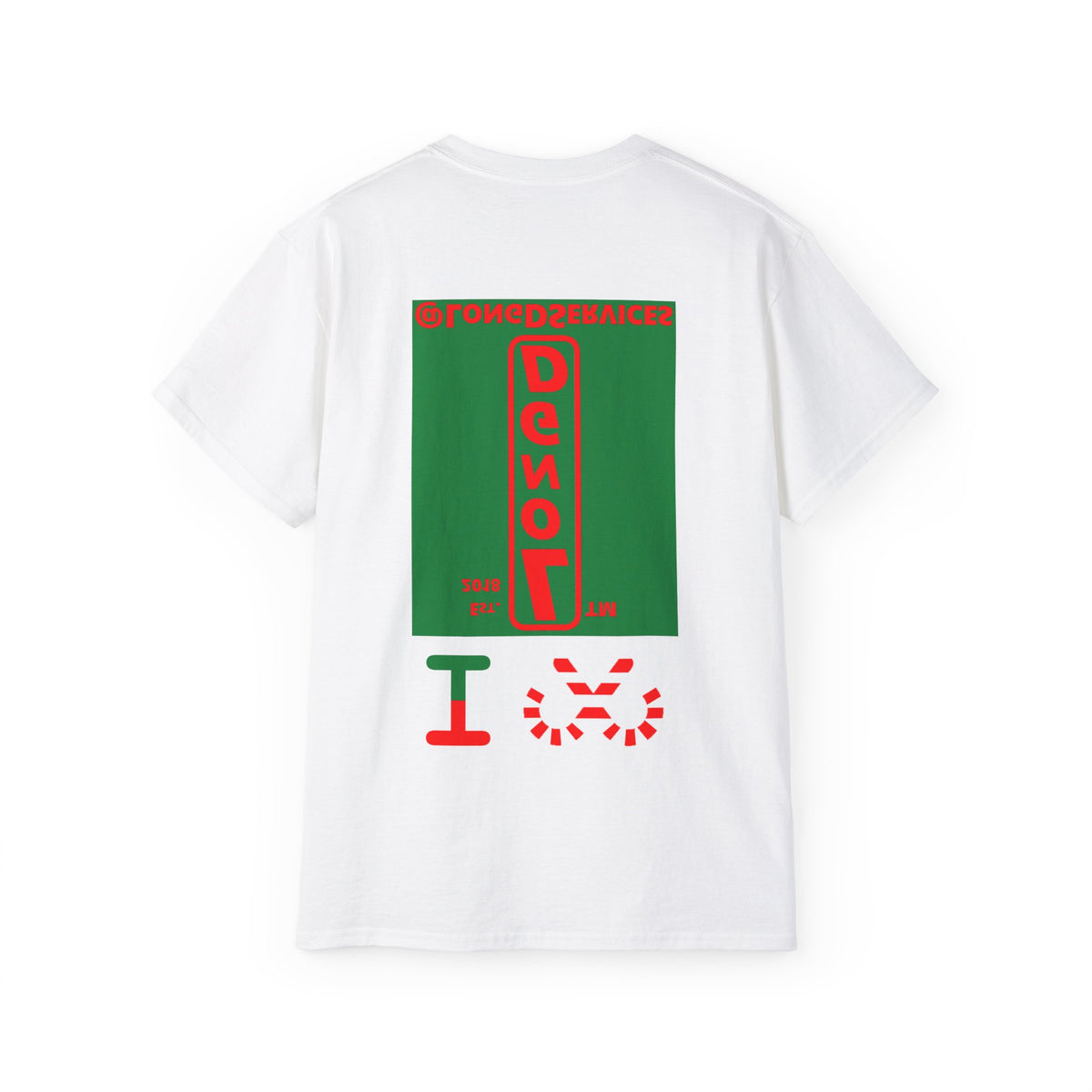 I candy cane LongD Tag upright front-back logo positive red on negative green cotton tee
