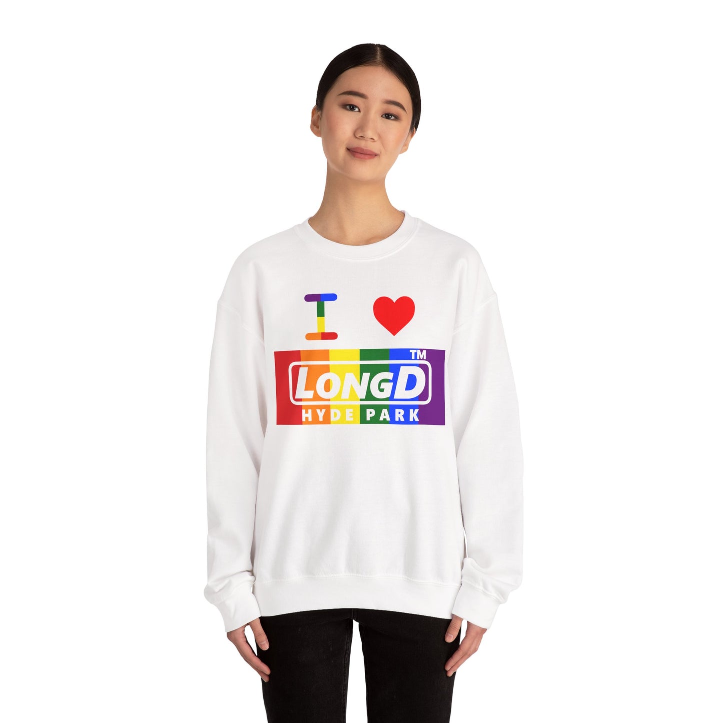 I Luv LongD negative vertical striped Hyde Park logo crewneck sweatshirt (Pride colors)