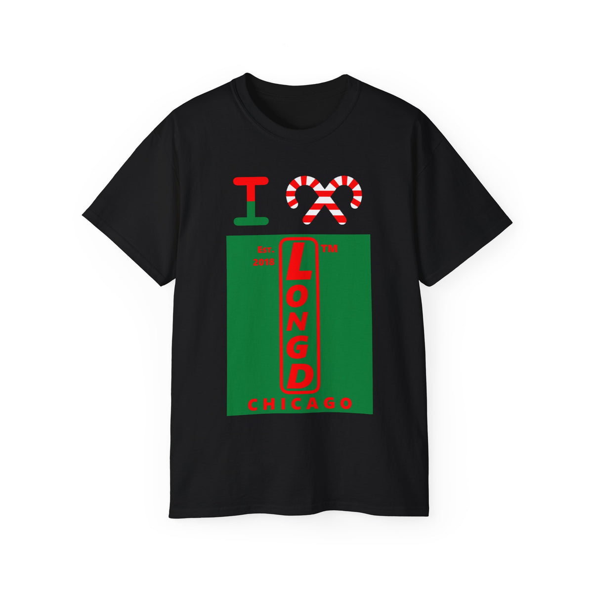 I candy cane LongD Chicago upright front-back logo positive red on negative green cotton tee