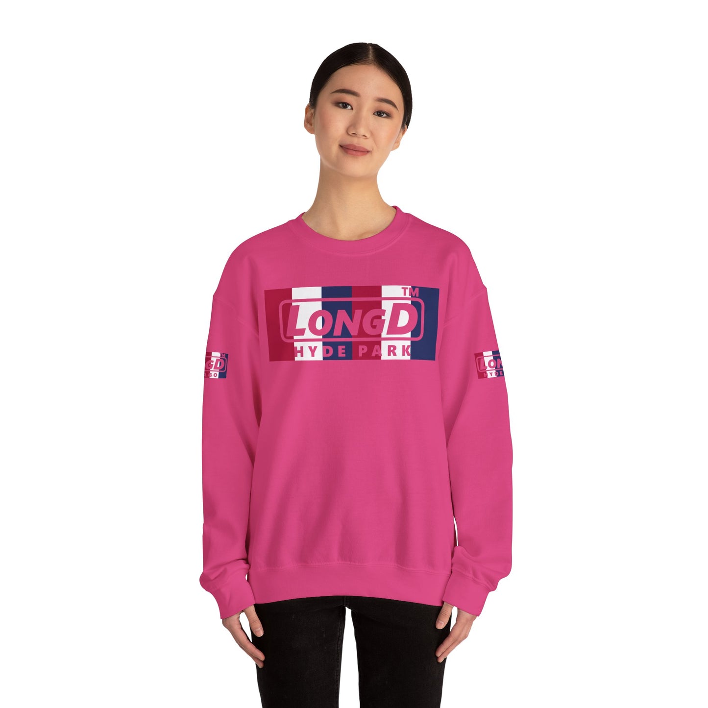 LongD negative vertical 6-striped 4-print double-breasted Hyde Park logo crewneck sweatshirt (patriotic colors)