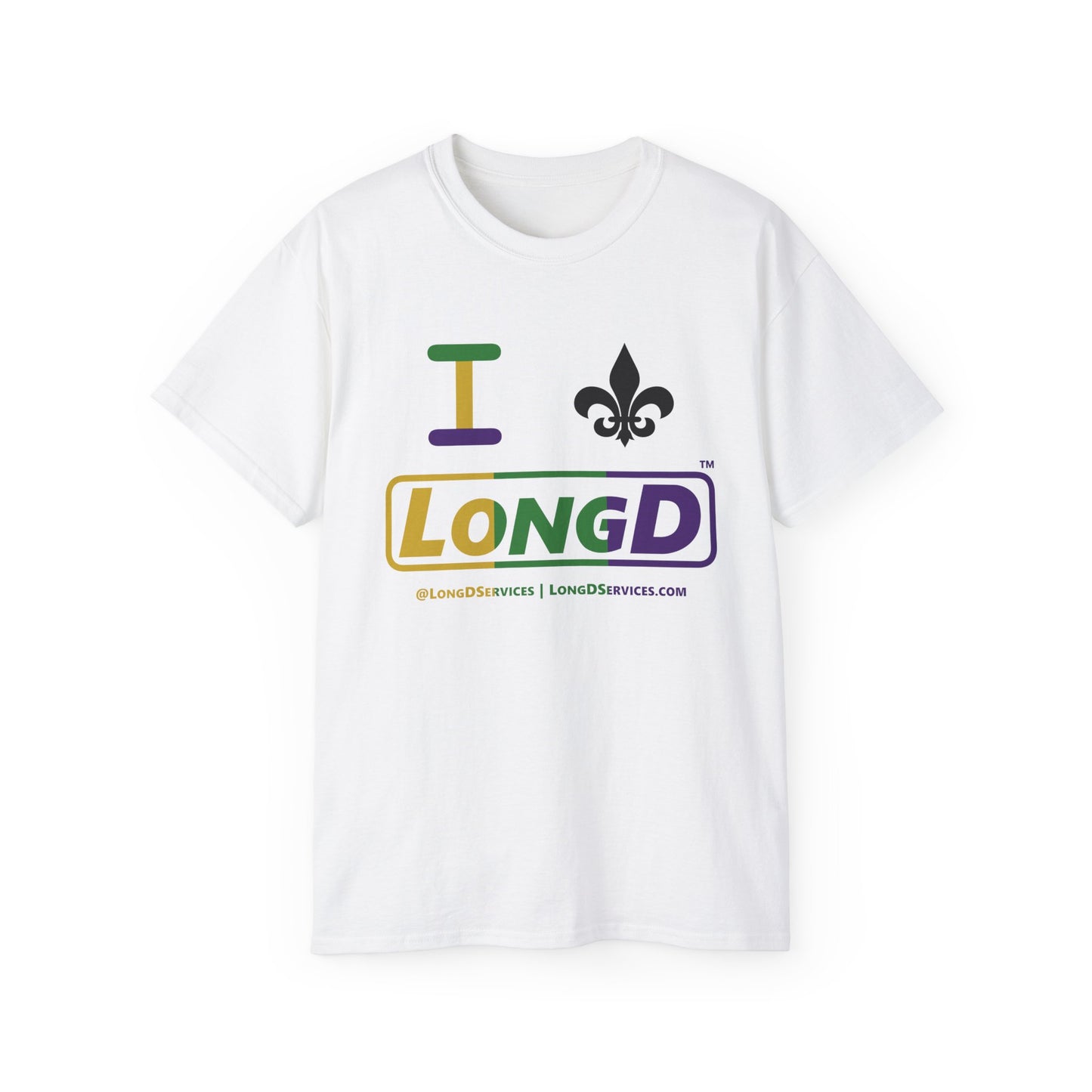 I Fleur LongD® Logo Cotton Tee (Mardi Gras colored text and positive logo & black fleur de lis)