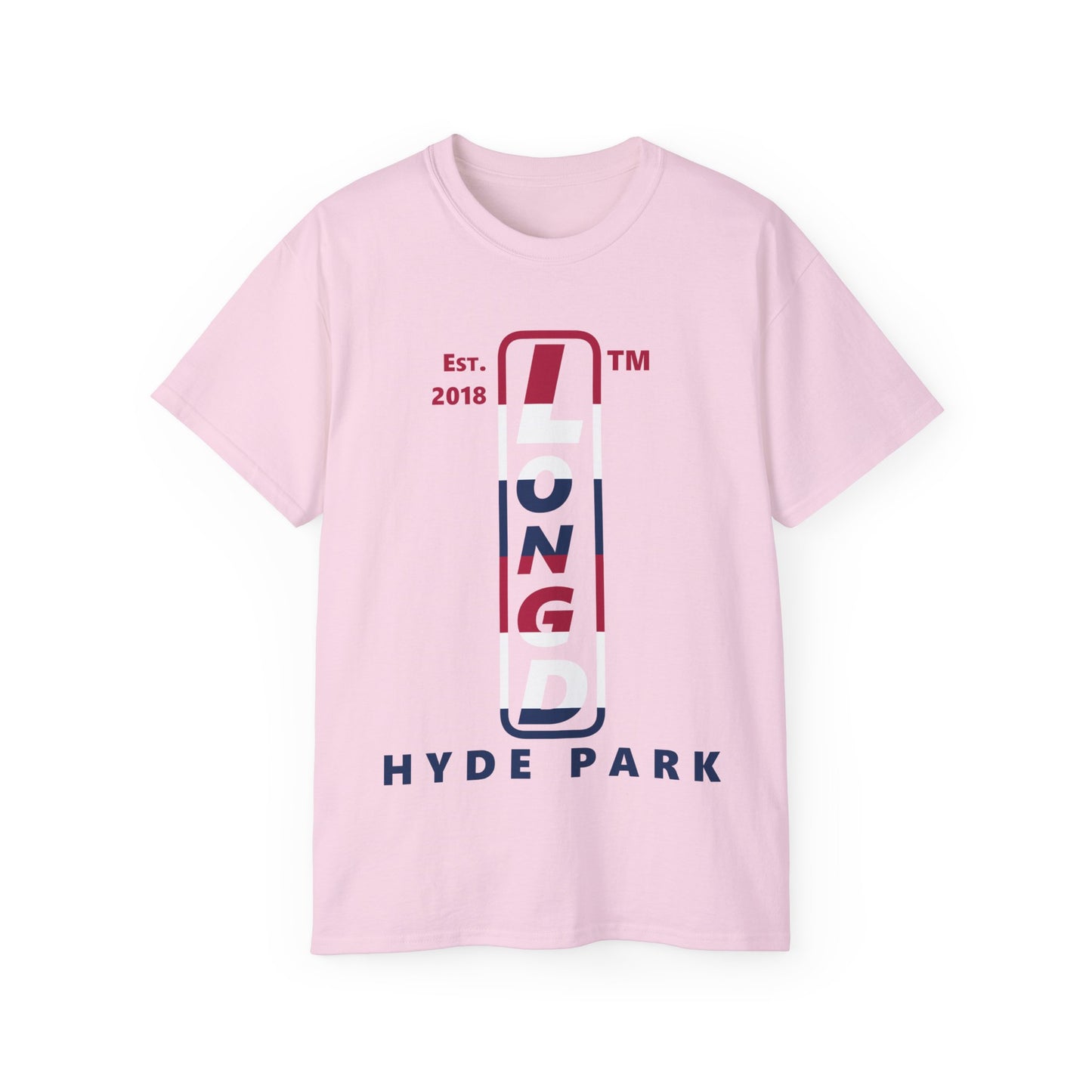 LongD cotton tee positive horizontal 6-striped Hyde Park upright logo (Patriotic colors)