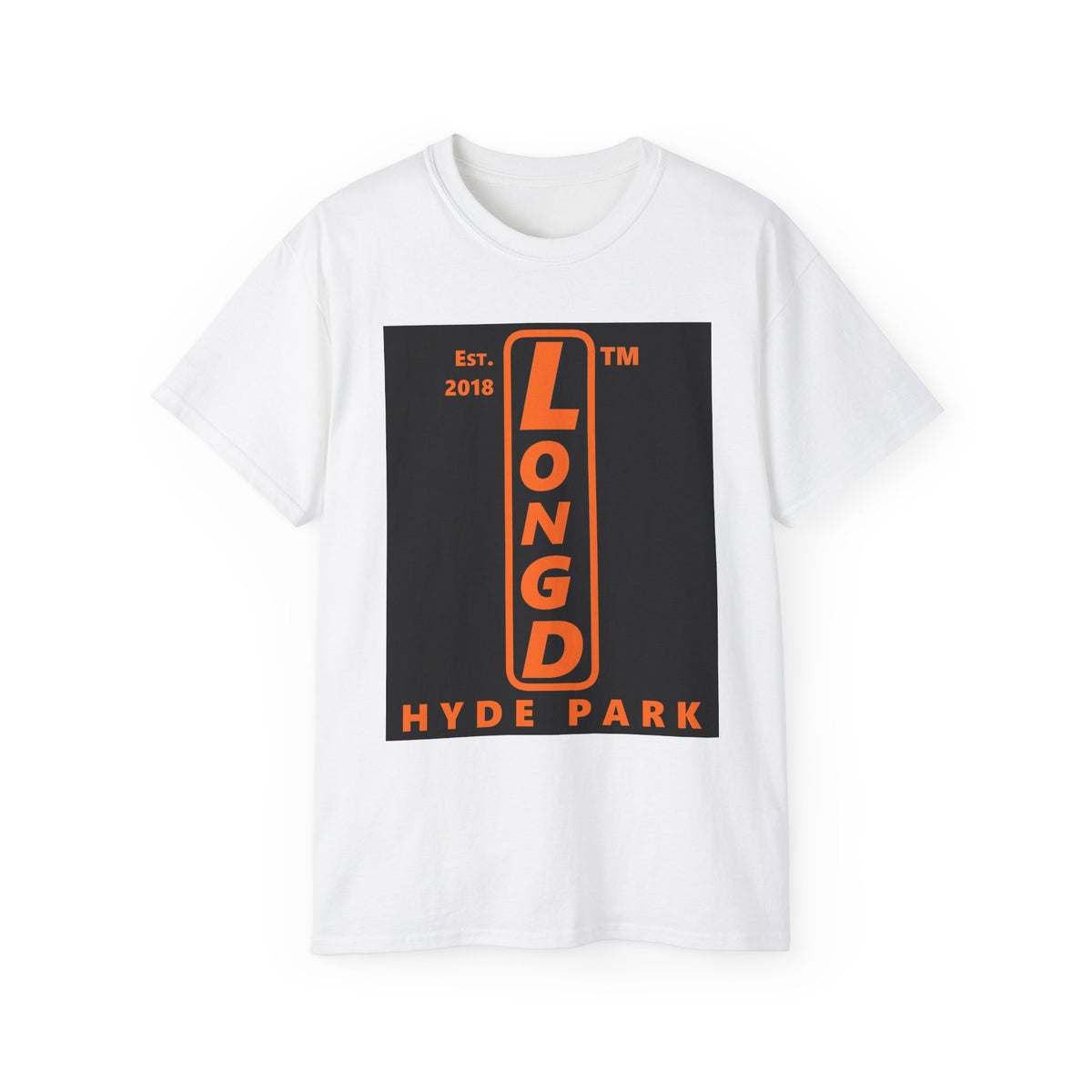 LongD Hyde Park upright front-back logo orange (FE7518) on Black (000000) cotton tee