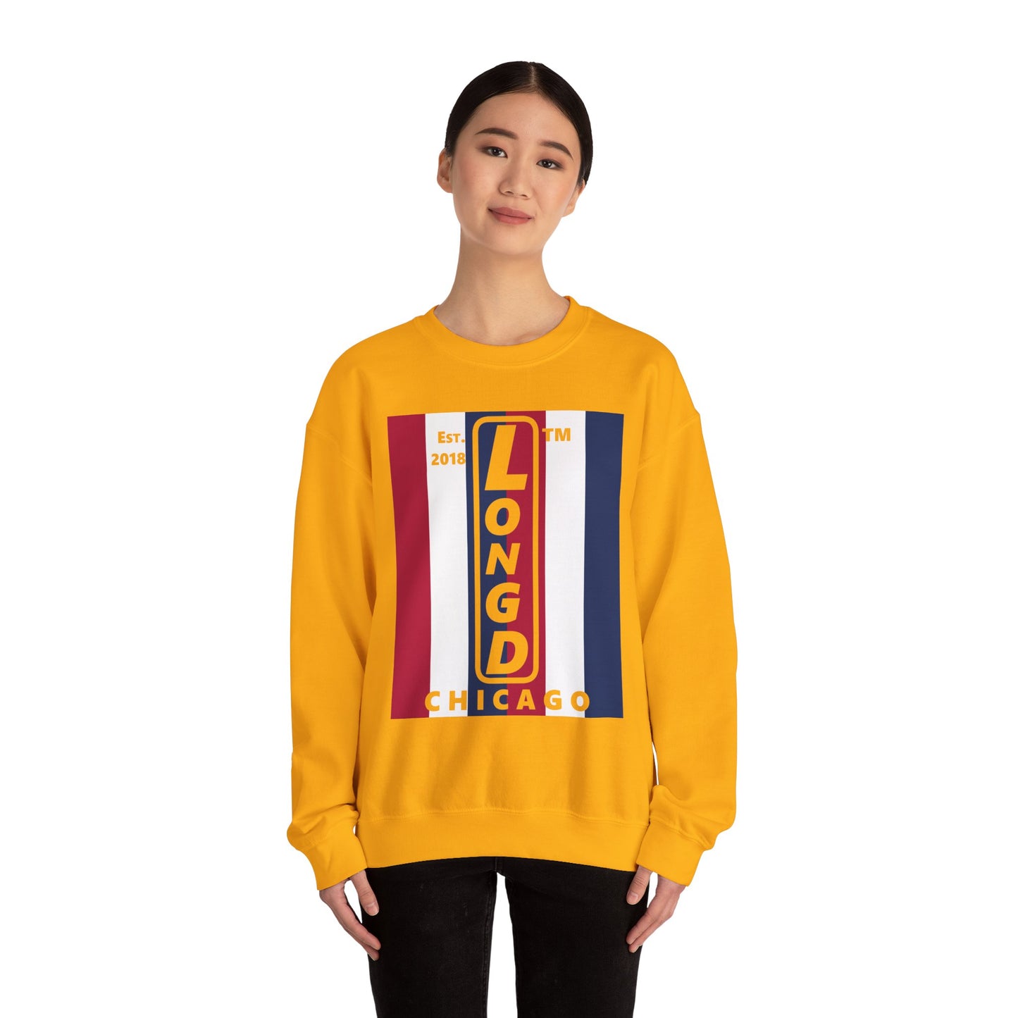LongD negative vertical 6-striped Chicago logo crewneck sweatshirt (patriotic colors)