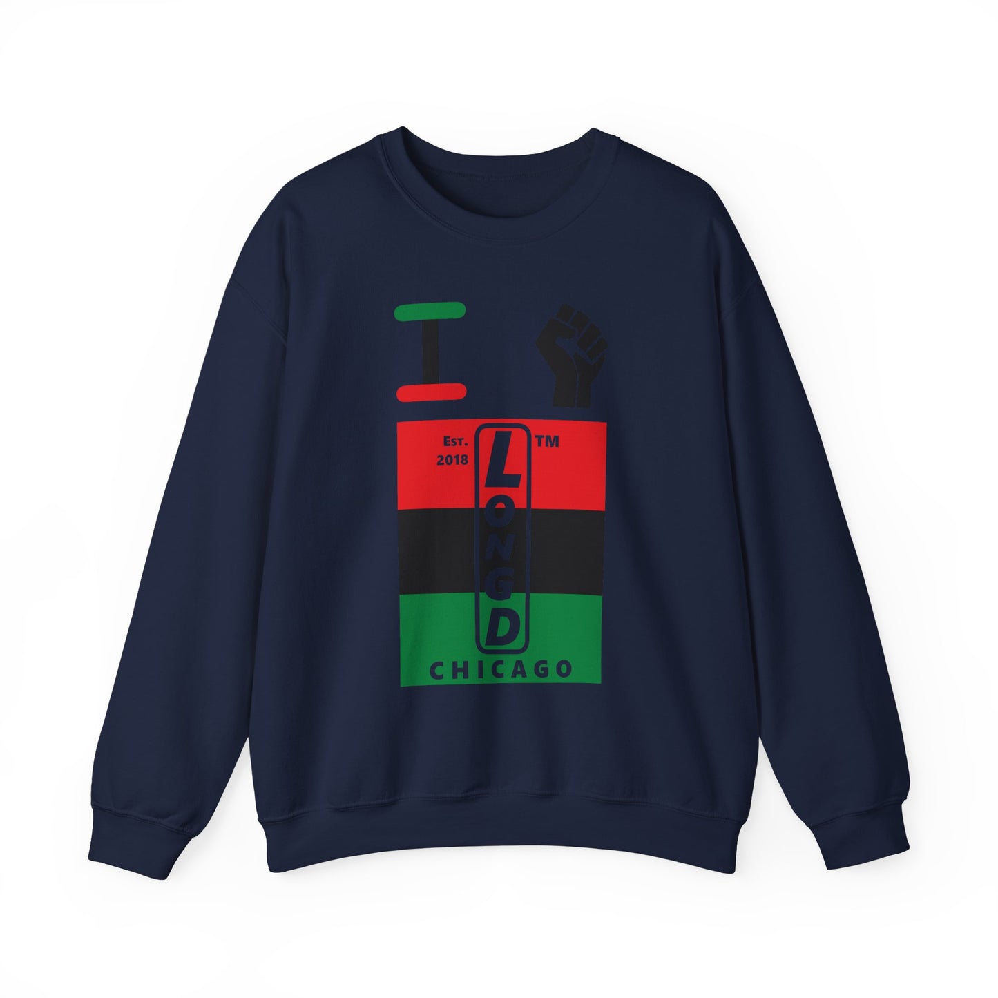 I Fist LongD negative horizontal 3-striped Chicago upright logo crewneck sweatshirt