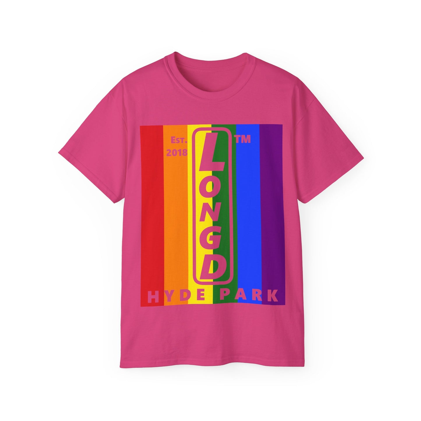 LongD Cotton Tee negative vertical striped Hyde Park upright logo (Pride colors)