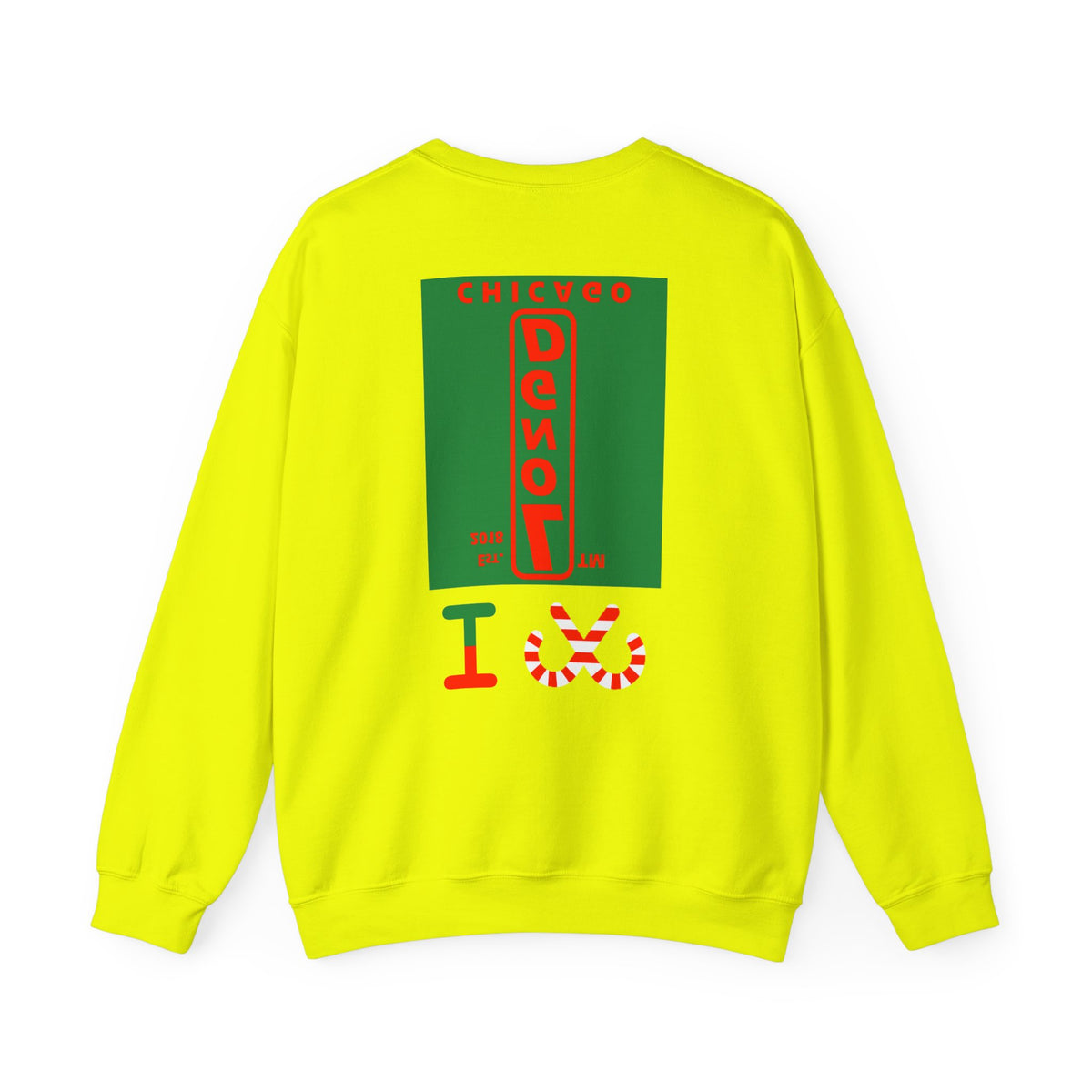 I candy cane LongD Chicago upright front-back logo positive red on negative green crewneck sweatshirt
