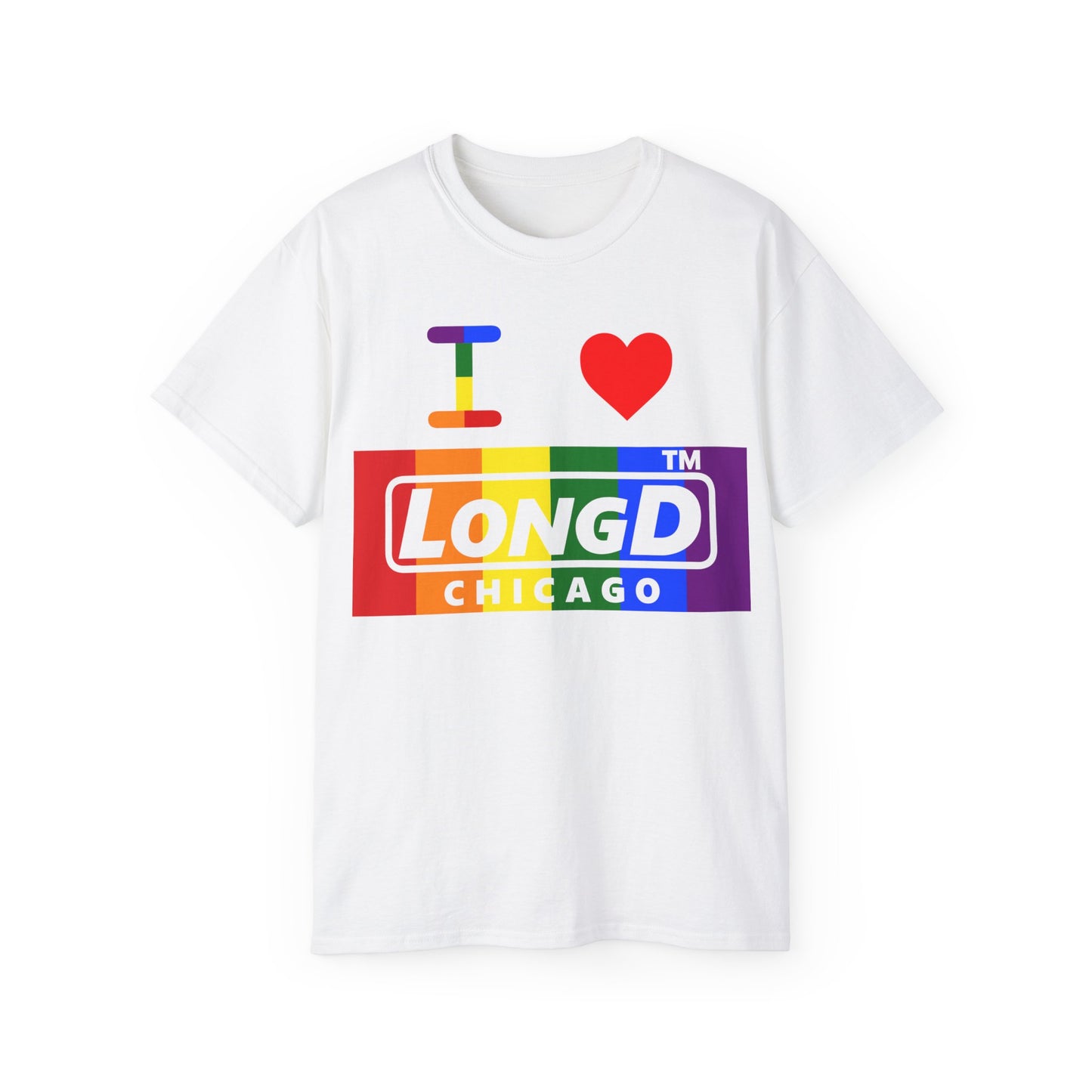 I Luv LongD negative vertical striped Chicago logo cotton tee (Pride colors)
