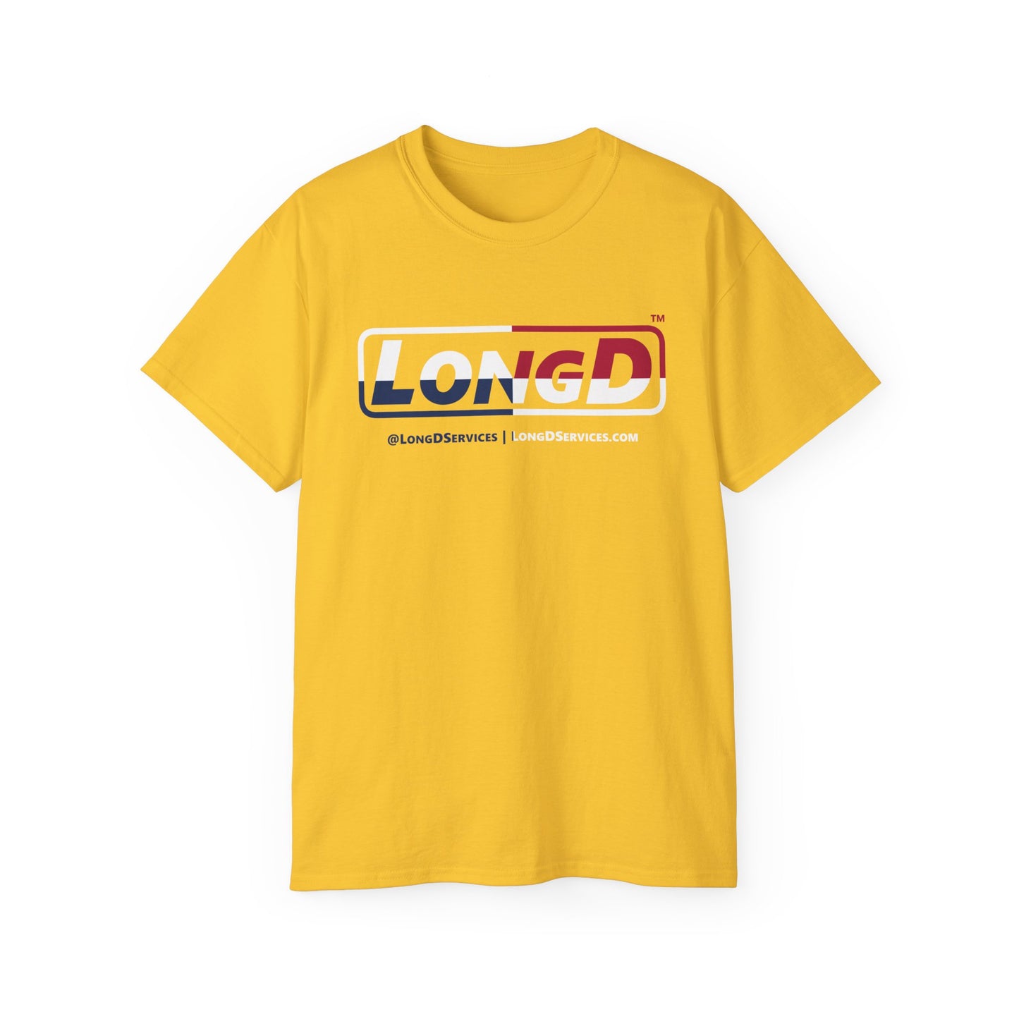 LongD® Logo Cotton Tee Red, White and Blue positive quarters text