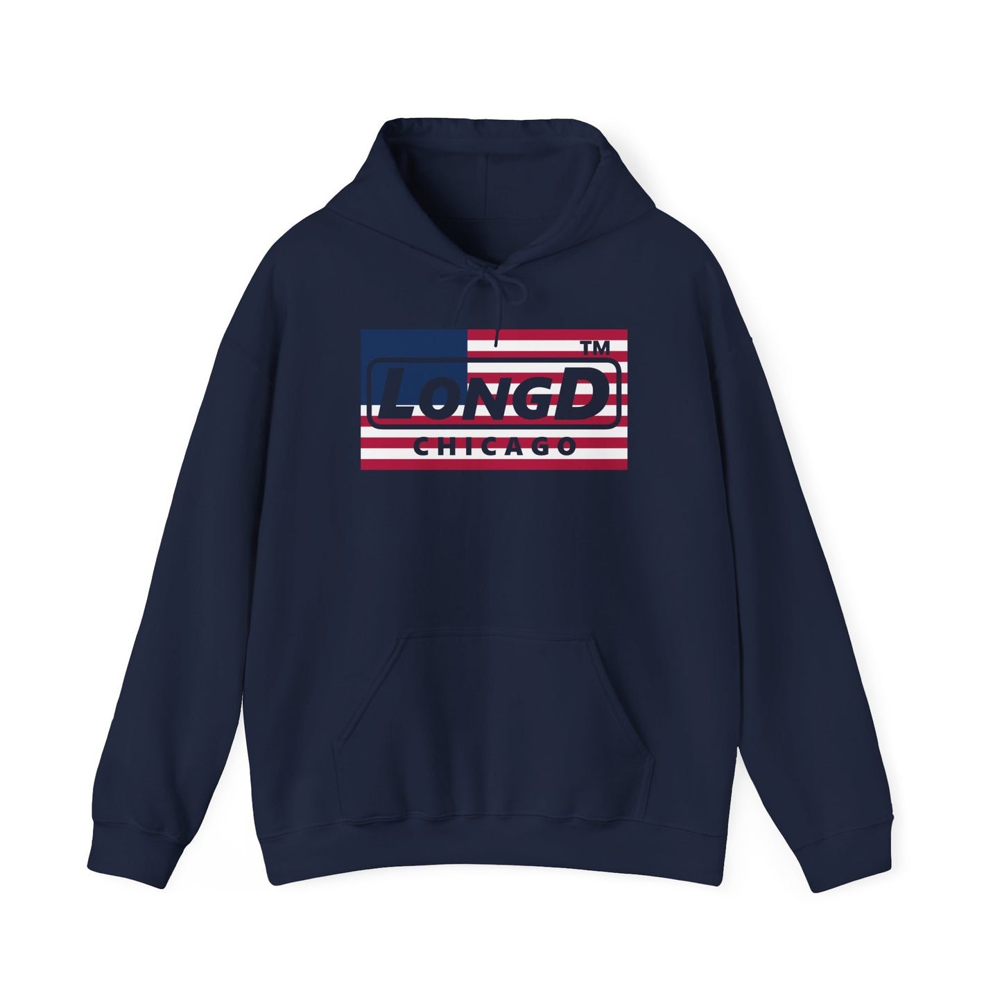 LongD® negative flag Chicago logo hoodie (patriotic colors)