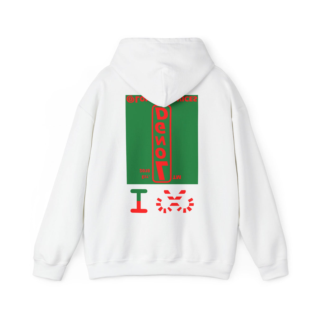 I candy cane LongD Tag upright front-back logo positive red on negative green hoodie