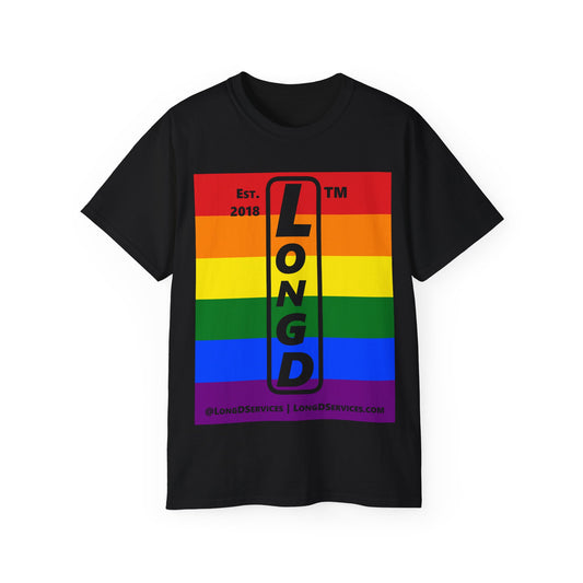 LongD Cotton Tee negative horizontal striped tag-domain upright logo (Pride colors)