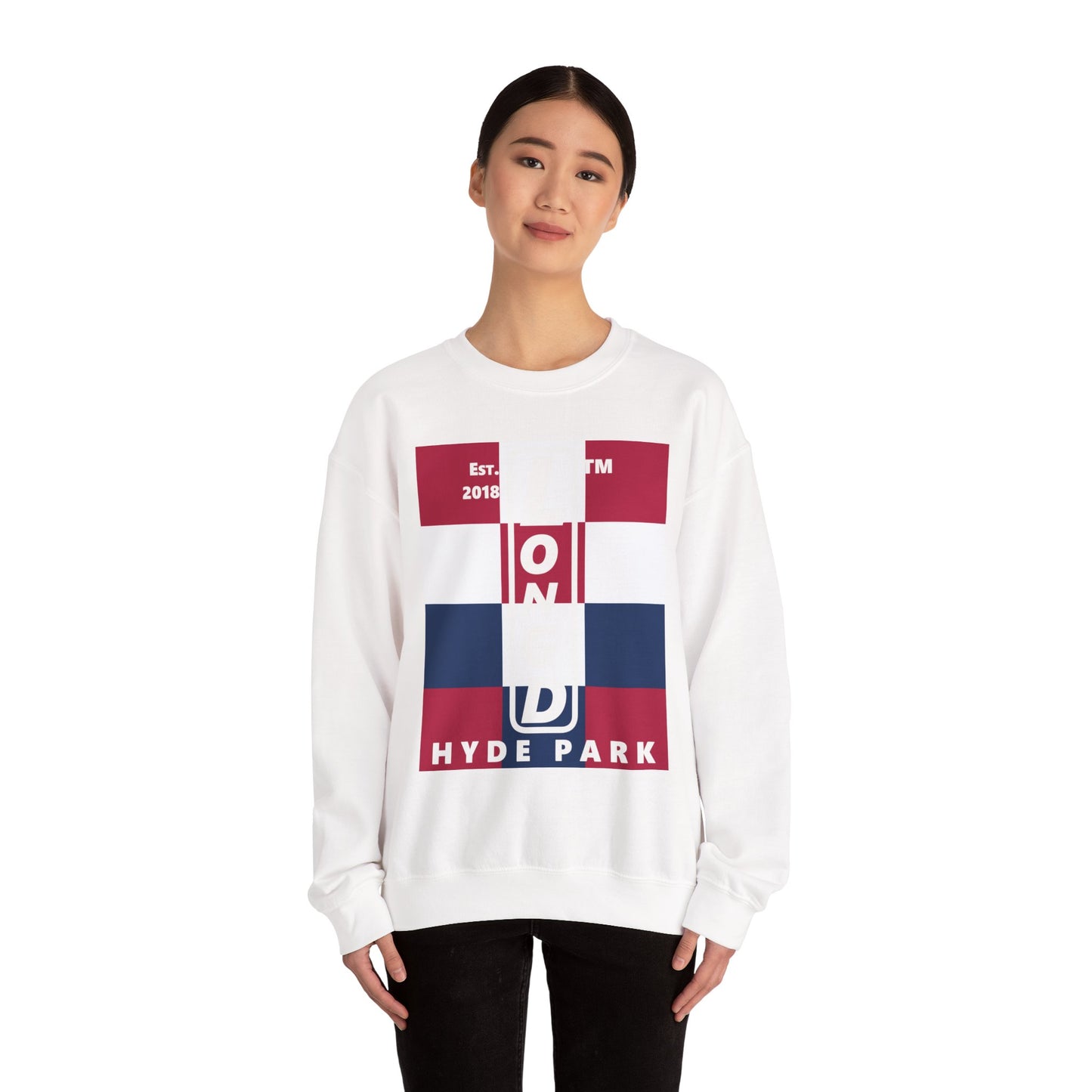 LongD negative 4x3 Hyde Park upright logo crewneck sweatshirt (patriotic colors)