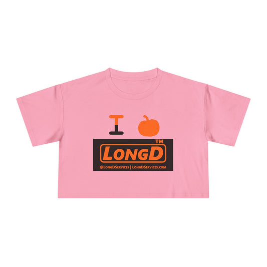 I pumpkin LongD Tag-domain logo positive orange on negative black crop tee