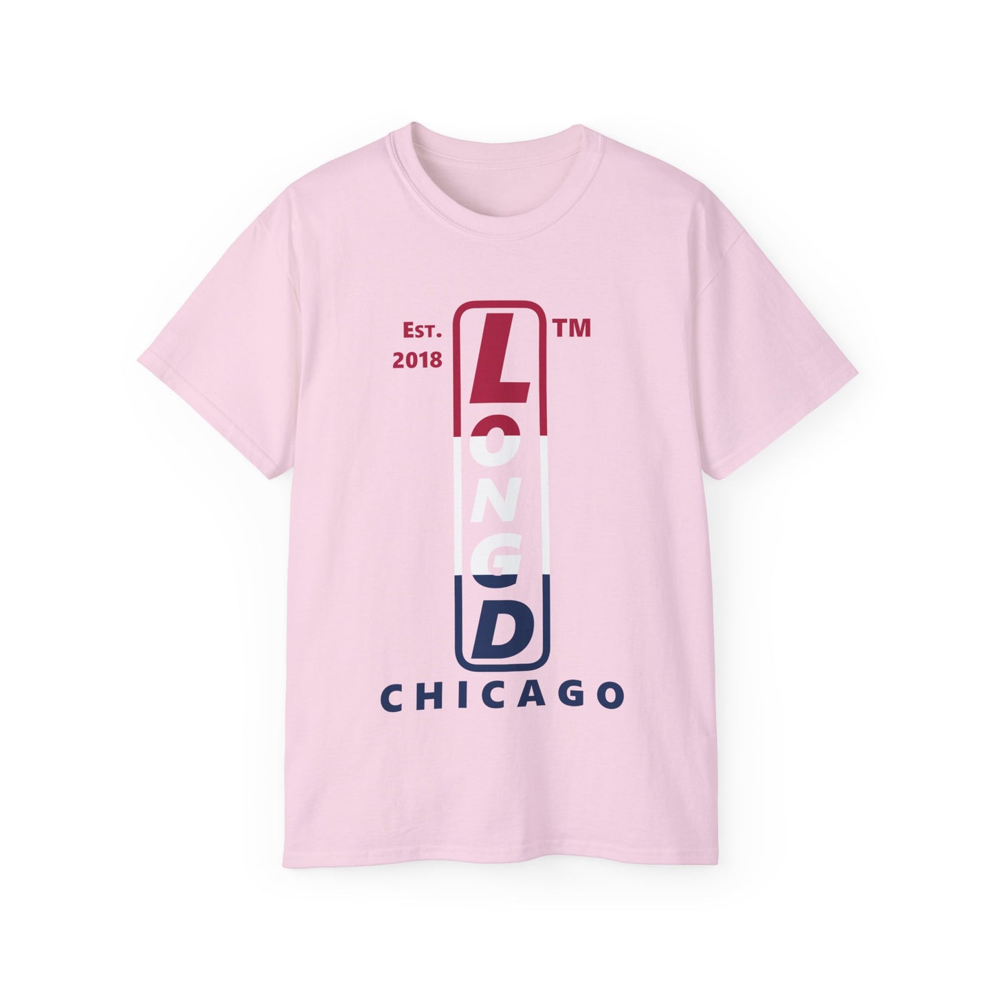 LongD cotton tee positive horizontal 3-striped Chicago upright logo (Patriotic colors)