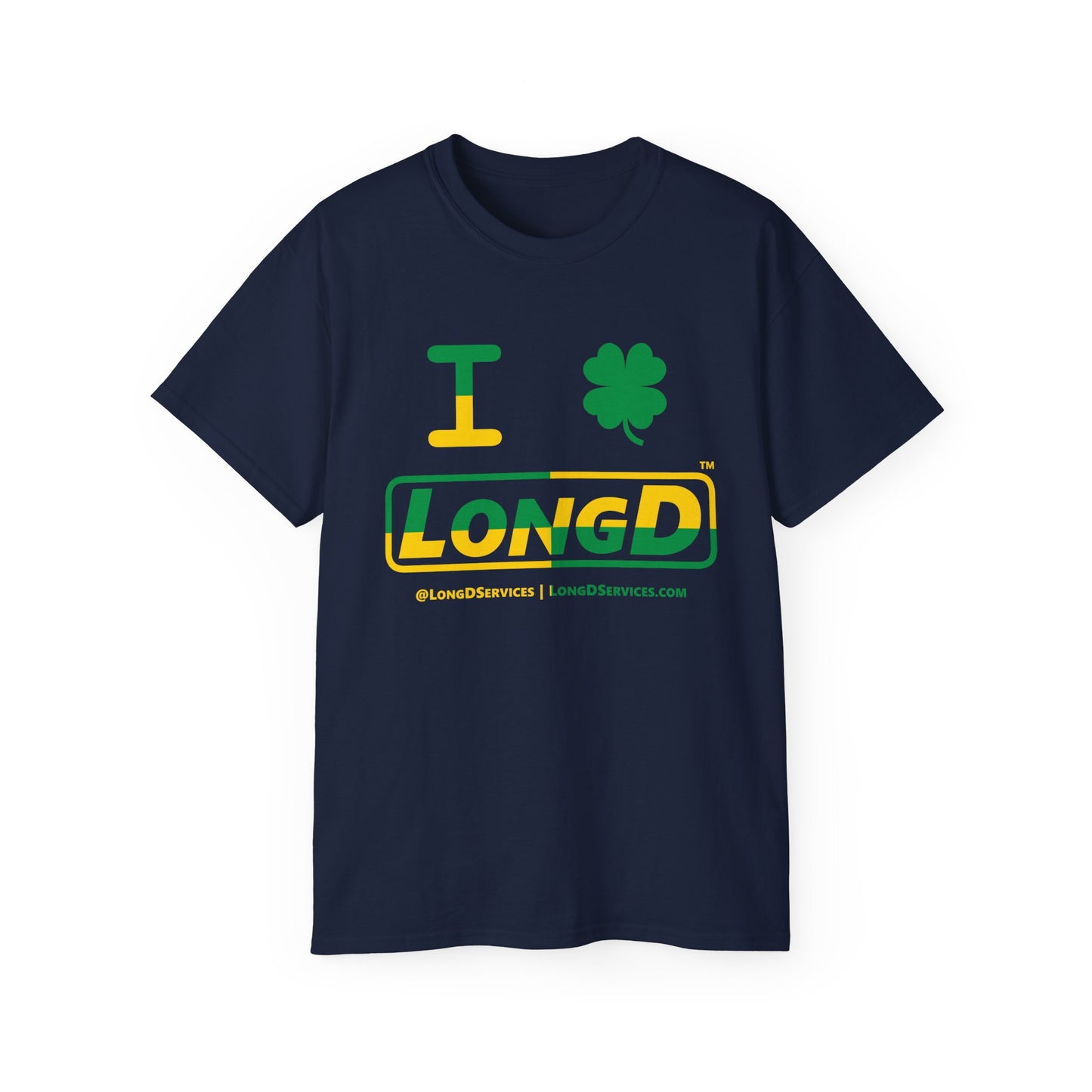 I Clover LongD® Logo Cotton Tee (St. Patrick's Day -Irish Green and Golden Yellow quarter split with 4-leaf clover)