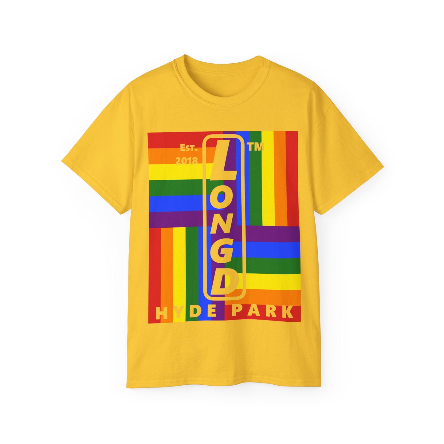 LongD Cotton Tee negative windmill Hyde Park upright logo (Pride colors)