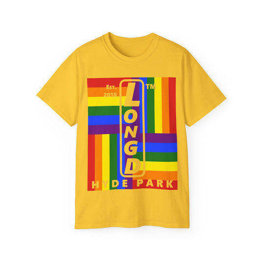 LongD Cotton Tee negative windmill Hyde Park upright logo (Pride colors)