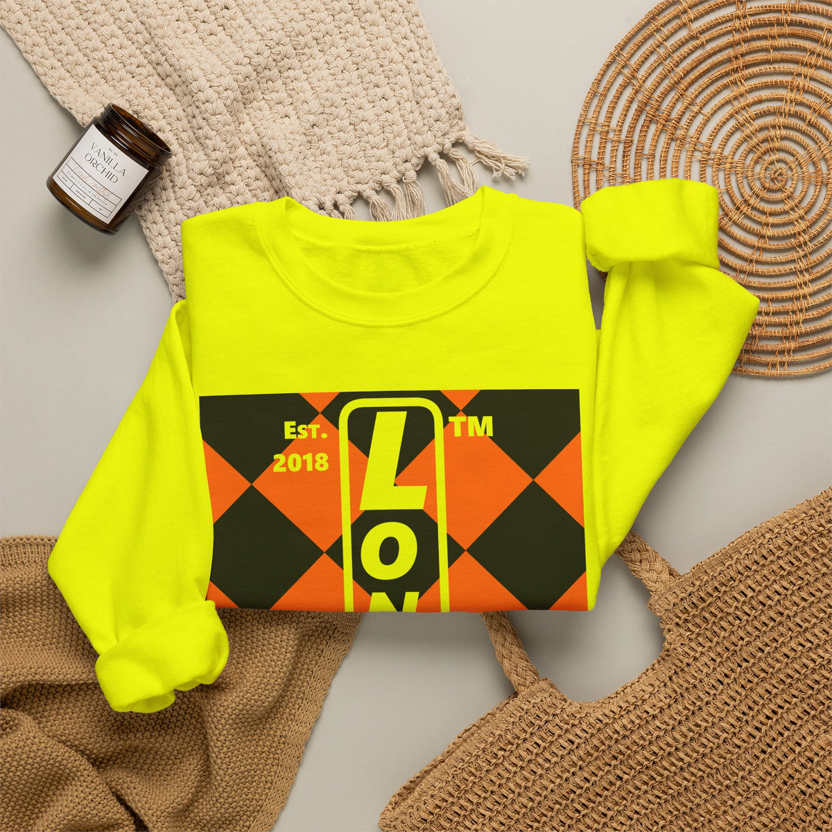 LongD Hyde Park negative upright argyle logo (Halloween colors) crewneck sweatshirt