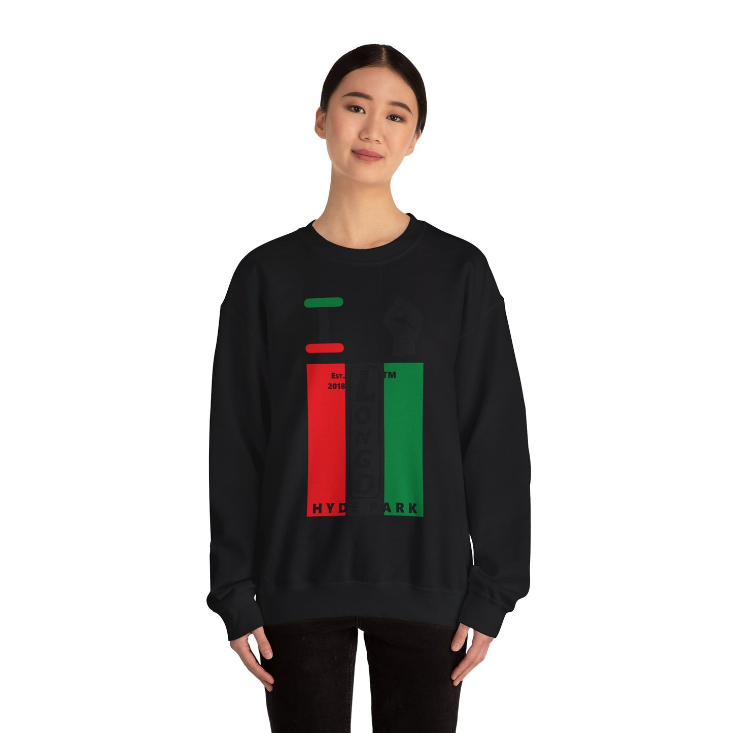 I Fist LongD negative vertical 3-striped Hyde Park upright logo crewneck sweatshirt