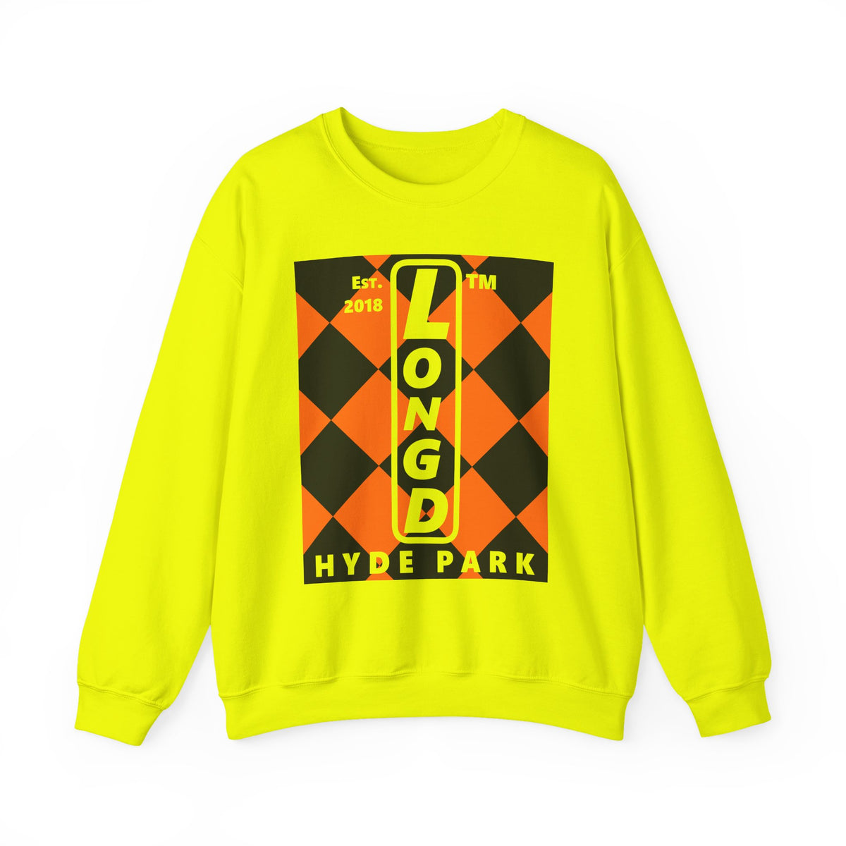 LongD Hyde Park negative upright argyle logo (Halloween colors) crewneck sweatshirt