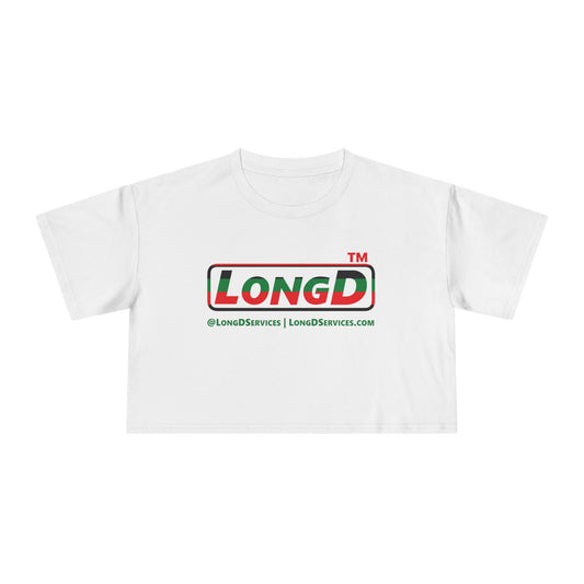 LongD positive horizontal 6-striped tag-domain logo crop tee (Juneteenth colors)