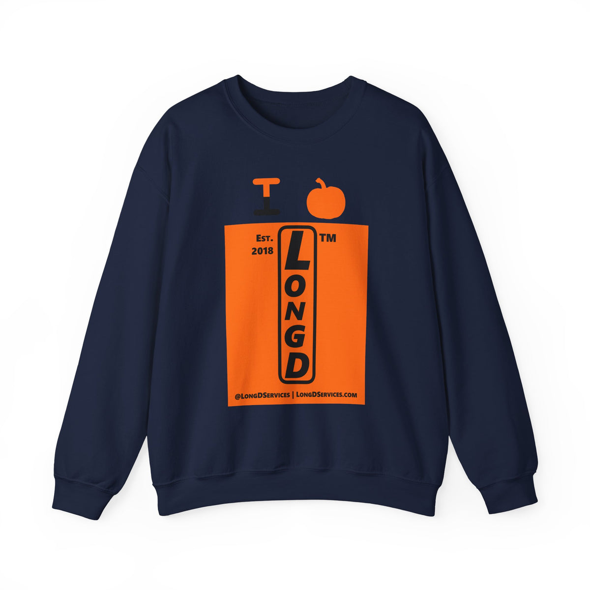 I pumpkin LongD Tag-domain upright logo positive black on negative orange crewneck sweatshirt