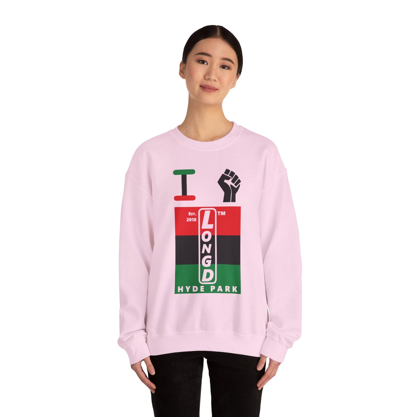 I Fist LongD negative horizontal 3-striped Hyde Park upright logo crewneck sweatshirt