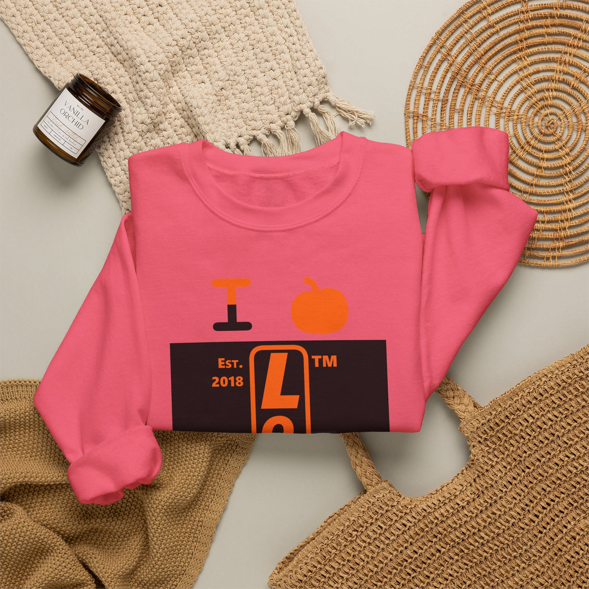 I pumpkin LongD Tag-domain upright logo positive orange on negative black crewneck sweatshirt