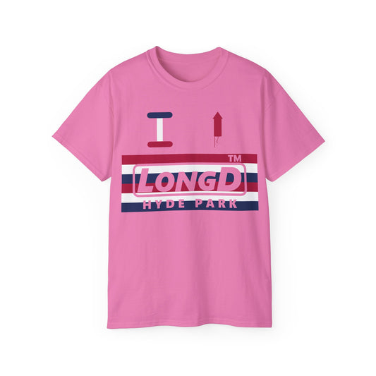 I firecracker LongD negative horizontal 6-striped Hyde Park logo cotton tee