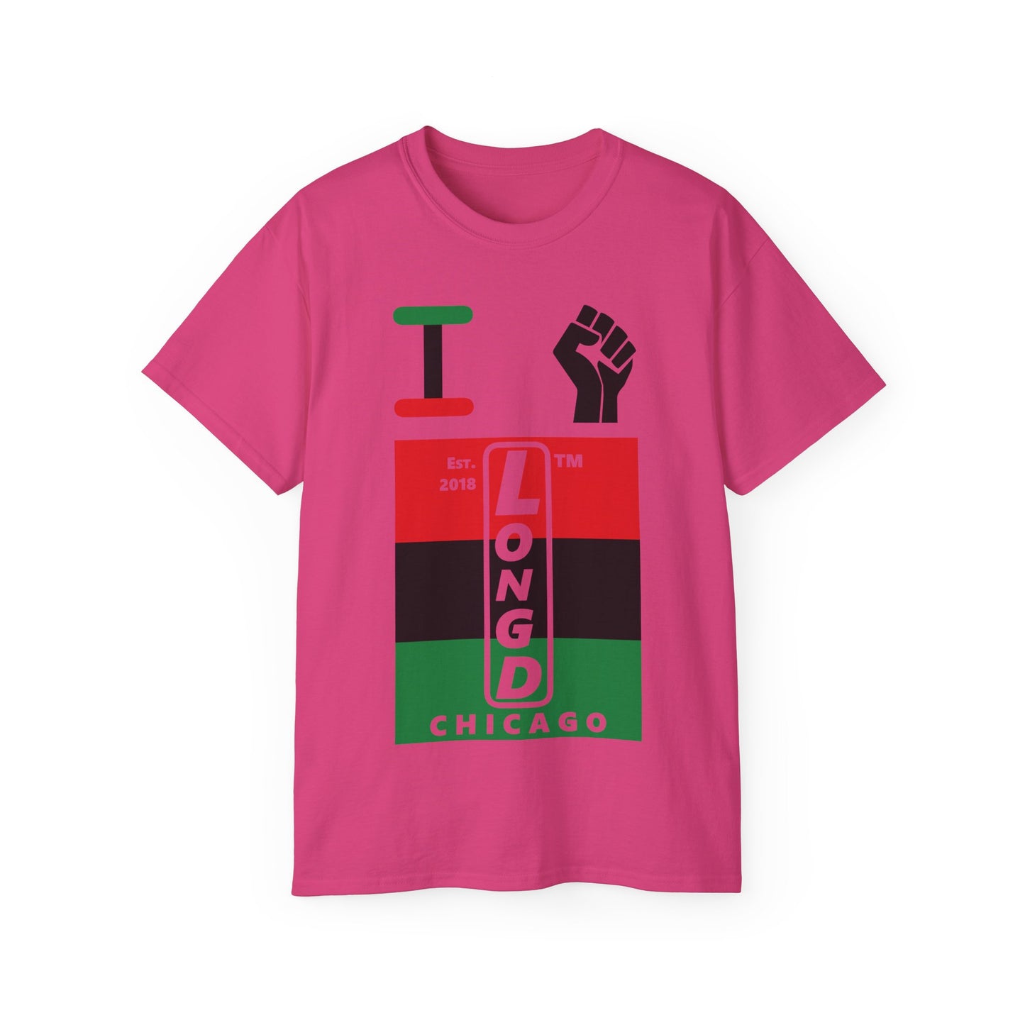 I fist LongD Cotton Tee negative horizontal striped Chicago upright logo (Juneteenth colors)