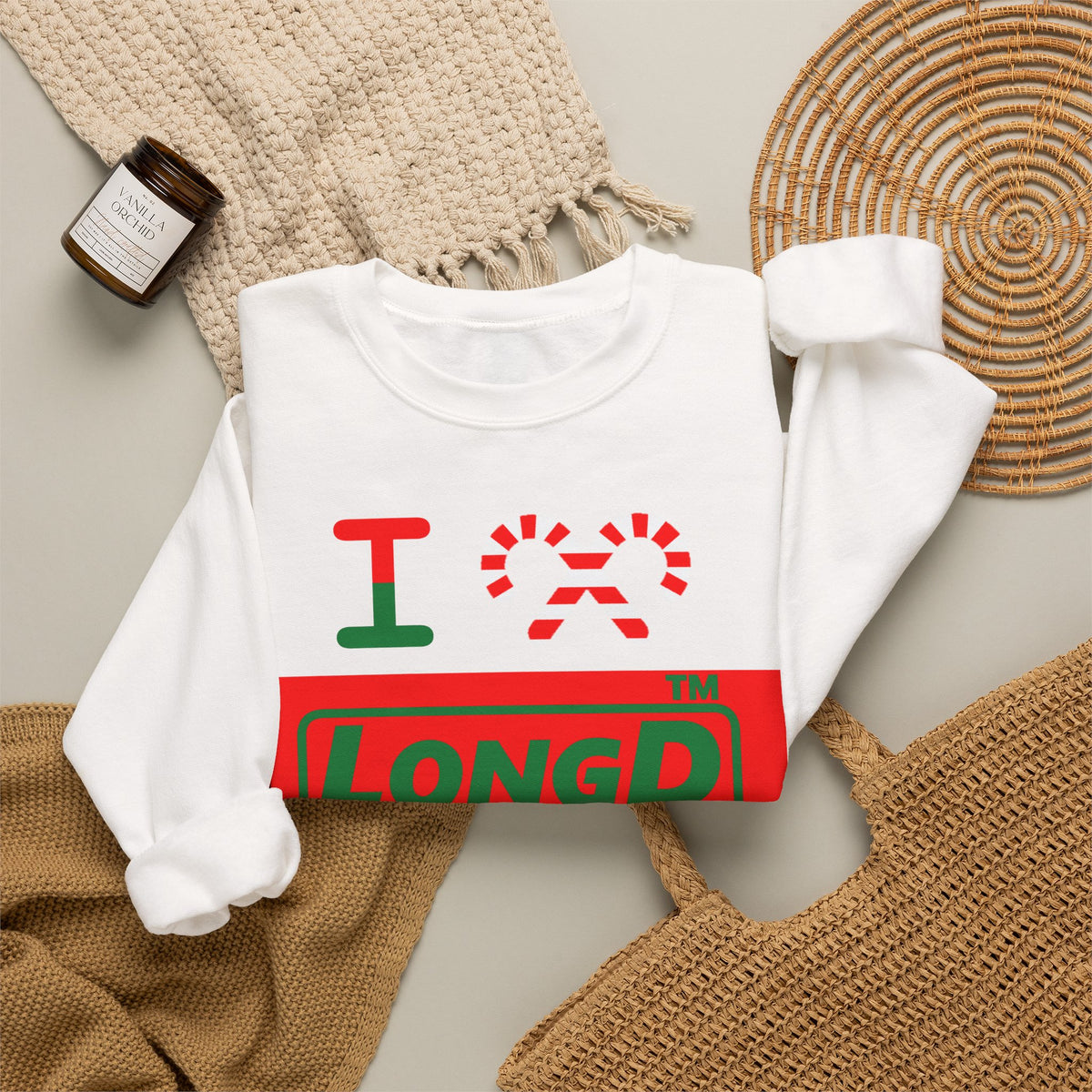 I candy cane LongD Hyde Park logo positive green on negative red crewneck sweatshirt