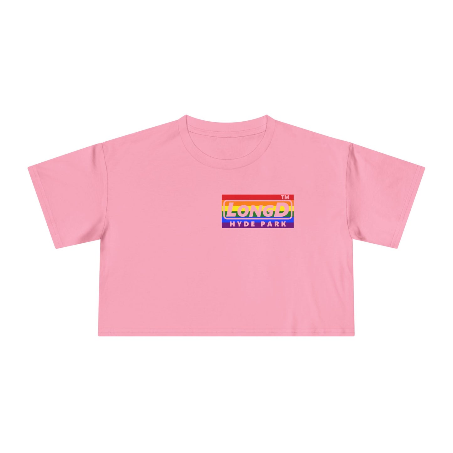LongD negative horizontal 6-striped single-breasted Hyde Park logo reverse front-back crop tee (Pride colors)