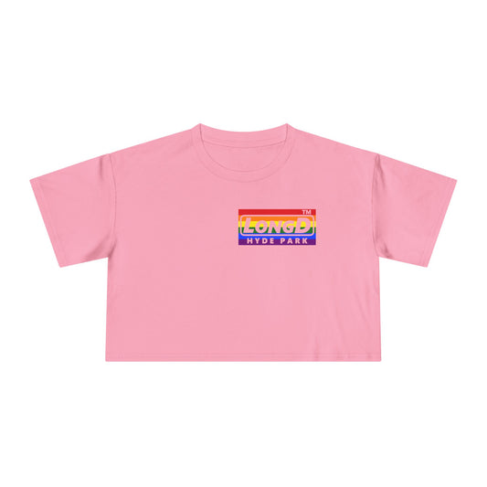 LongD negative horizontal 6-striped single-breasted Hyde Park logo reverse front-back crop tee (Pride colors)