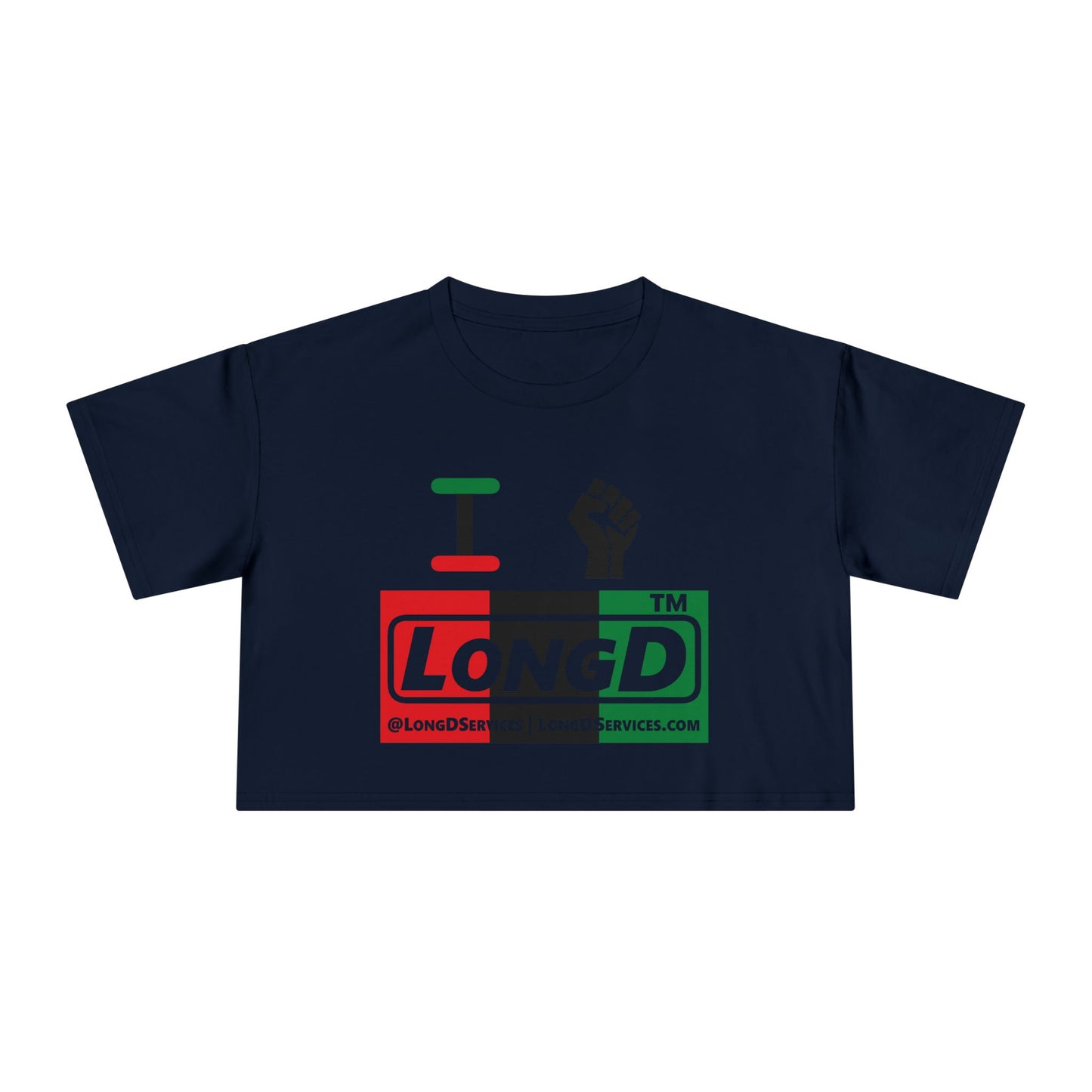 I fist LongD negative vertical 3-striped tag-domain logo crop tee
