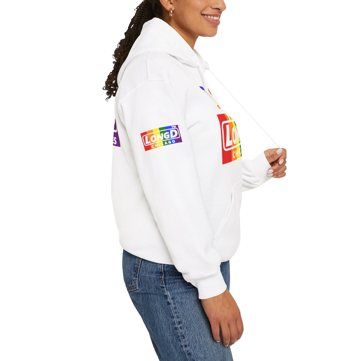 I Luv LongD® negative vertical striped 4-print Chicago logo hoodie (Pride colors)