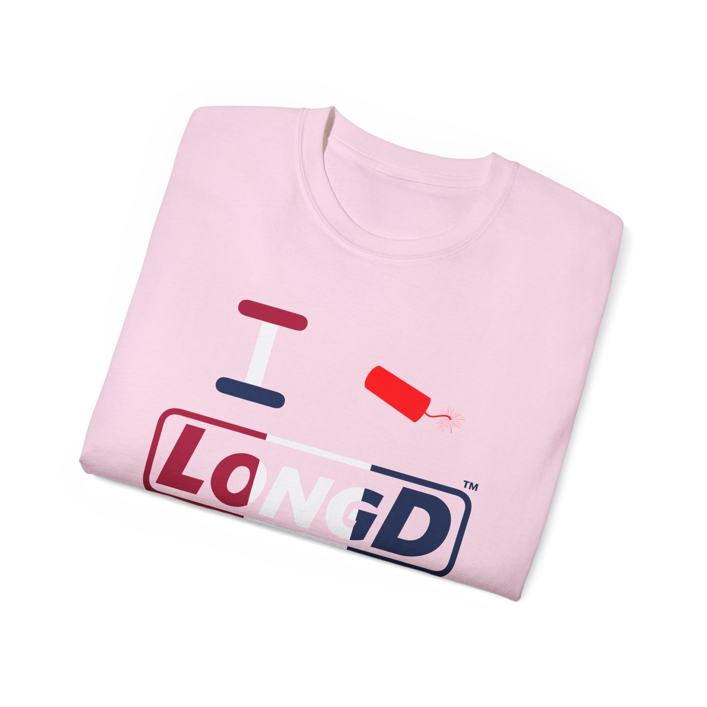 I Firecracker LongD® Logo Cotton Tee Red, White and Blue positive thirds text