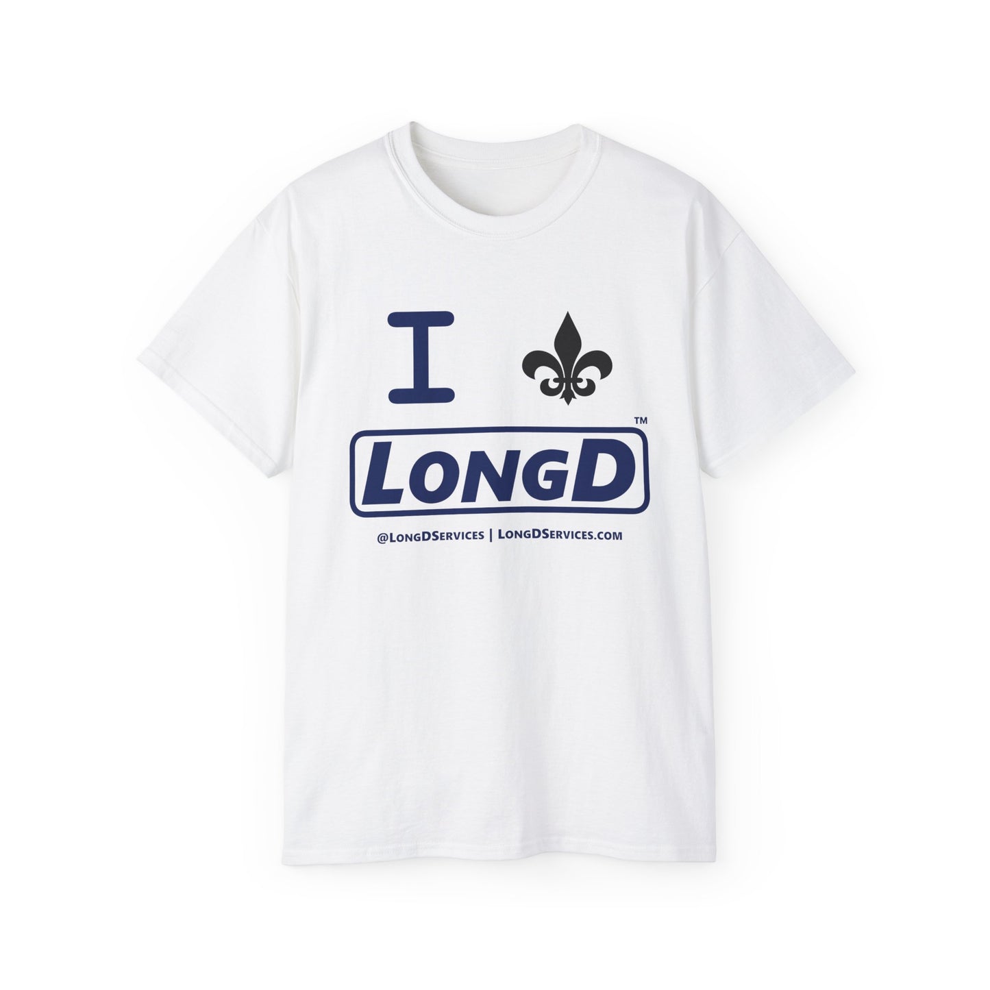 I Fleur LongD® Logo Cotton Tee (blue text & black fleur de lis)