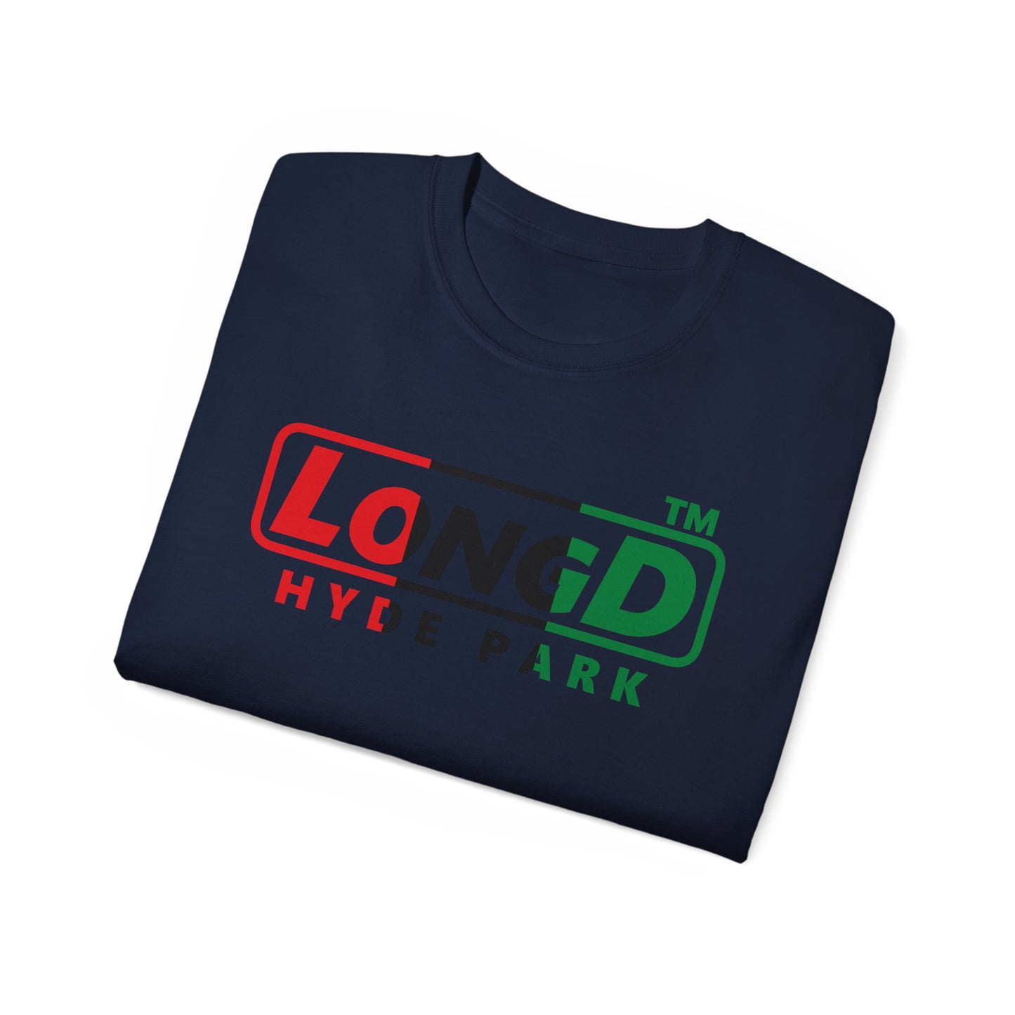 LongD positive vertical 3-striped Hyde Park logo cotton tee (Juneteenth colors)