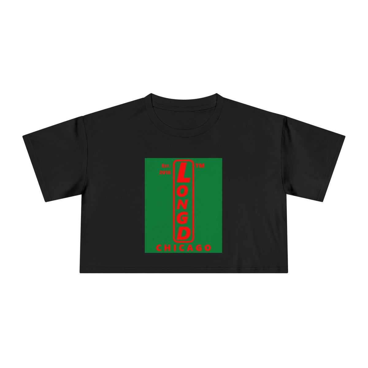 LongD Chicago upright logo positive red on negative green (Xmas colors) crop tee