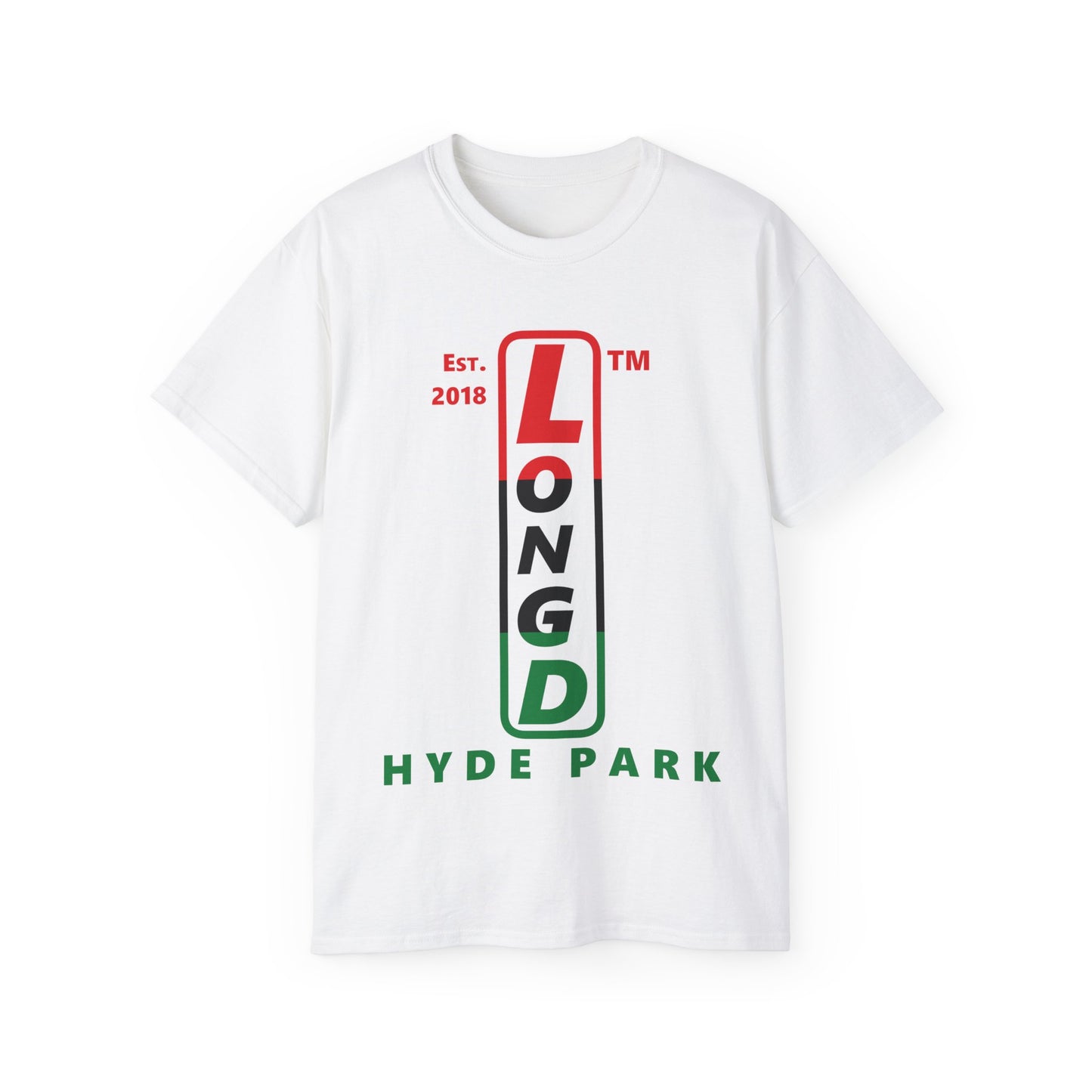 LongD Cotton Tee positive horizontal striped Hyde Park upright logo (Juneteenth colors)