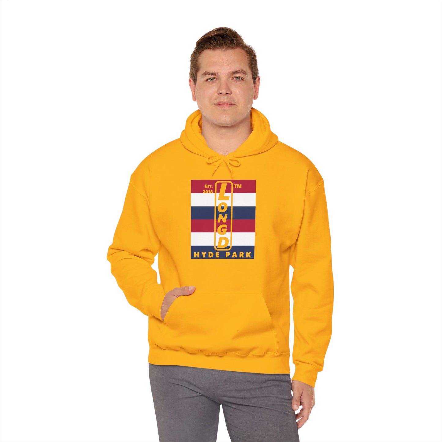 LongD® negative horizontal 6-striped upright Hyde Park logo hoodie (Patriotic colors)